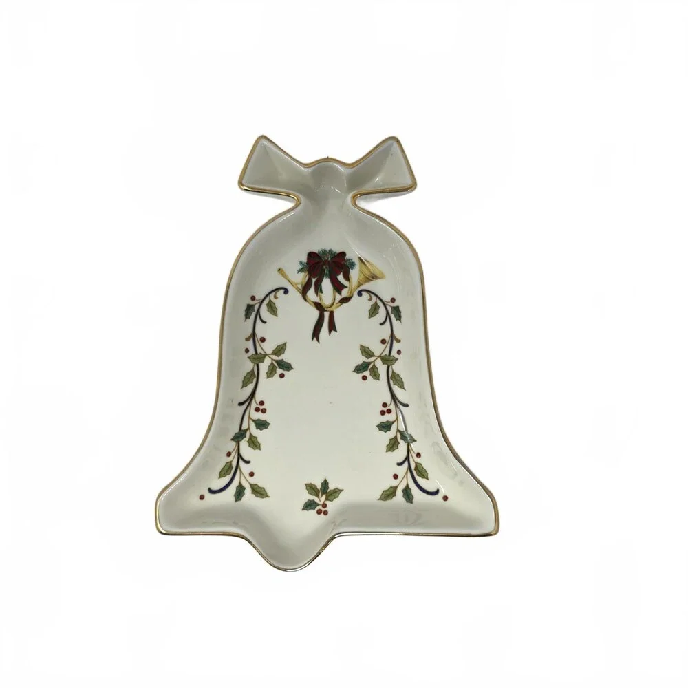 Mikasa Holiday Elegance Christmas Bell Dish Holly Gold Trim Serving Tray